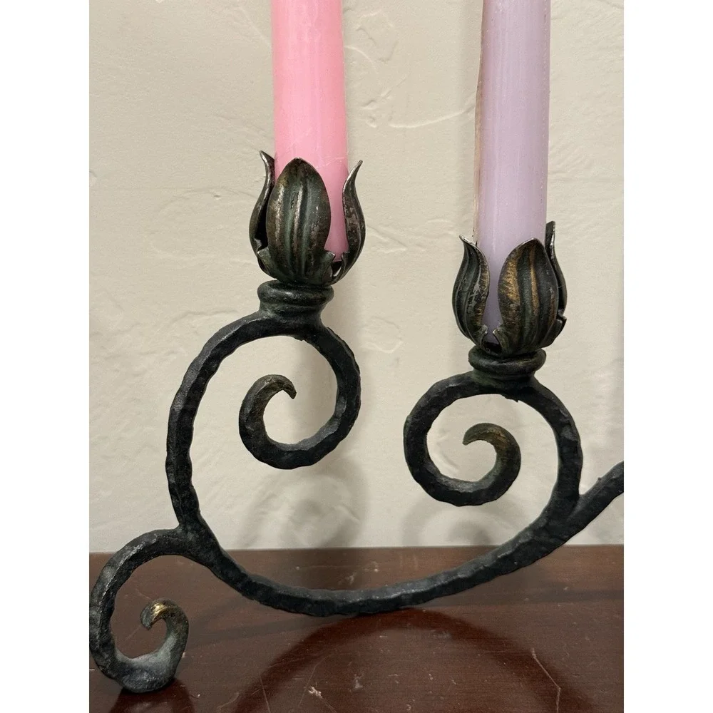 Metal Cast Iron Rose Candleholder  With 3 Flower‎ Buds Vintage
